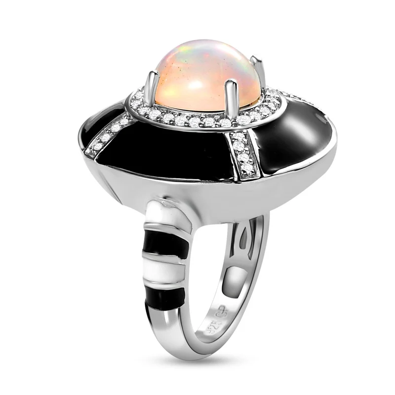 GP Kollektion - Natürlicher, äthiopischer Welo Opal und weißer Zirkon Ring, 925 Silber platiniert ca. 2.21 ct