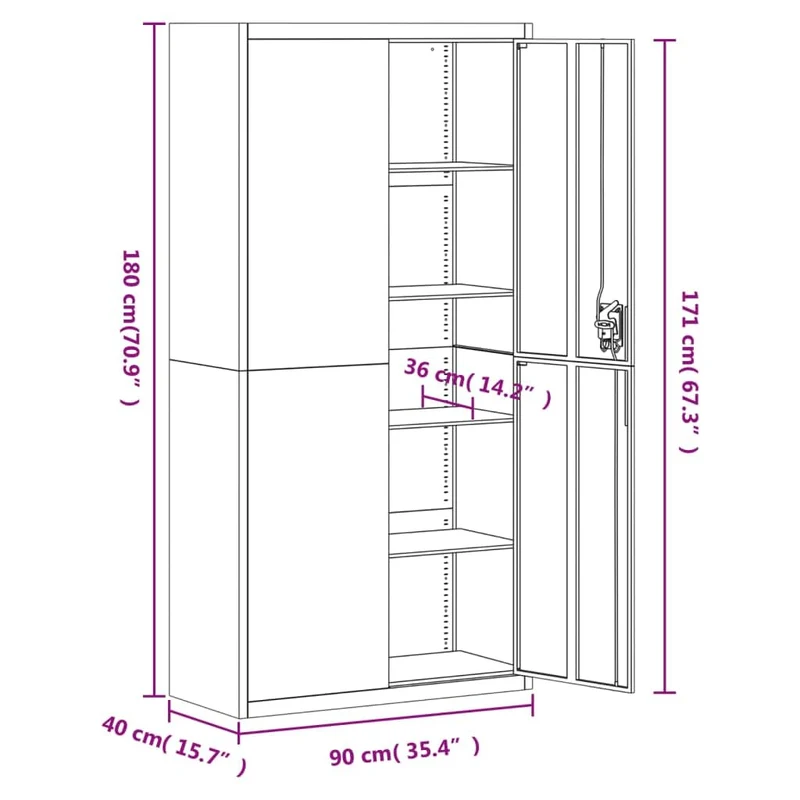 Aktenschrank Hellgrau aus pulverbeschichtetem Stahl 90x40x180 cm mit 4 Einlegeböden abschließbar Büroschrank für Archivierung und Ordnung im Büro, Homeoffice, Arbeitszimmer