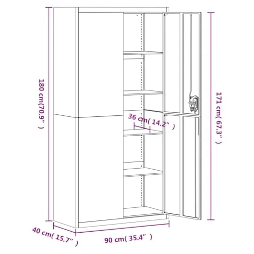 Aktenschrank Hellgrau aus pulverbeschichtetem Stahl 90x40x180 cm mit 4 Einlegeböden abschließbar Büroschrank für Archivierung und Ordnung im Büro, Homeoffice, Arbeitszimmer