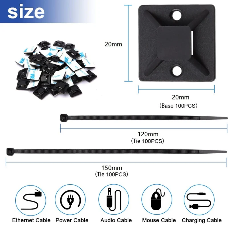 200 Stück Kabelbinder Schwarz Set 120mm/150mm und 100 Stück Starken Selbstklebend Basishalter, Nylon Kunststoff Kabel Binder, UV-beständiges, für Heim Büro Industriell