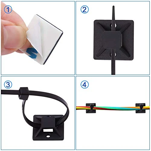200 Stück Kabelbinder Schwarz Set 120mm/150mm und 100 Stück Starken Selbstklebend Basishalter, Nylon Kunststoff Kabel Binder, UV-beständiges, für Heim Büro Industriell