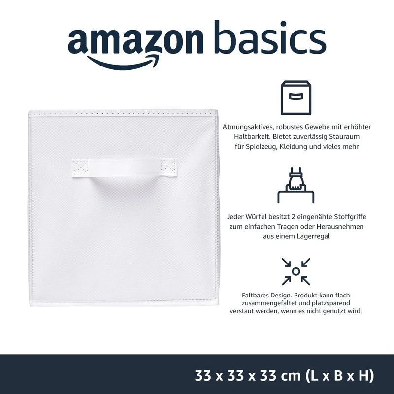 Amazon Basics zusammenklappbarer Aufbewahrungswürfel/Organizer aus Stoff mit Griffen, 33 cm x 33 cm x 33 cm, Einfarbig Weiß, 6 Stück