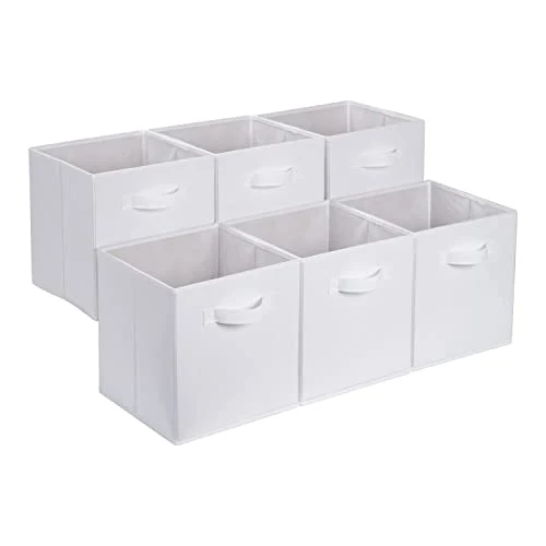 Amazon Basics zusammenklappbarer Aufbewahrungswürfel/Organizer aus Stoff mit Griffen, 33 cm x 33 cm x 33 cm, Einfarbig Weiß, 6 Stück