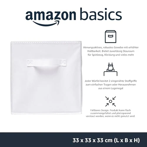 Amazon Basics zusammenklappbarer Aufbewahrungswürfel/Organizer aus Stoff mit Griffen, 33 cm x 33 cm x 33 cm, Einfarbig Weiß, 6 Stück