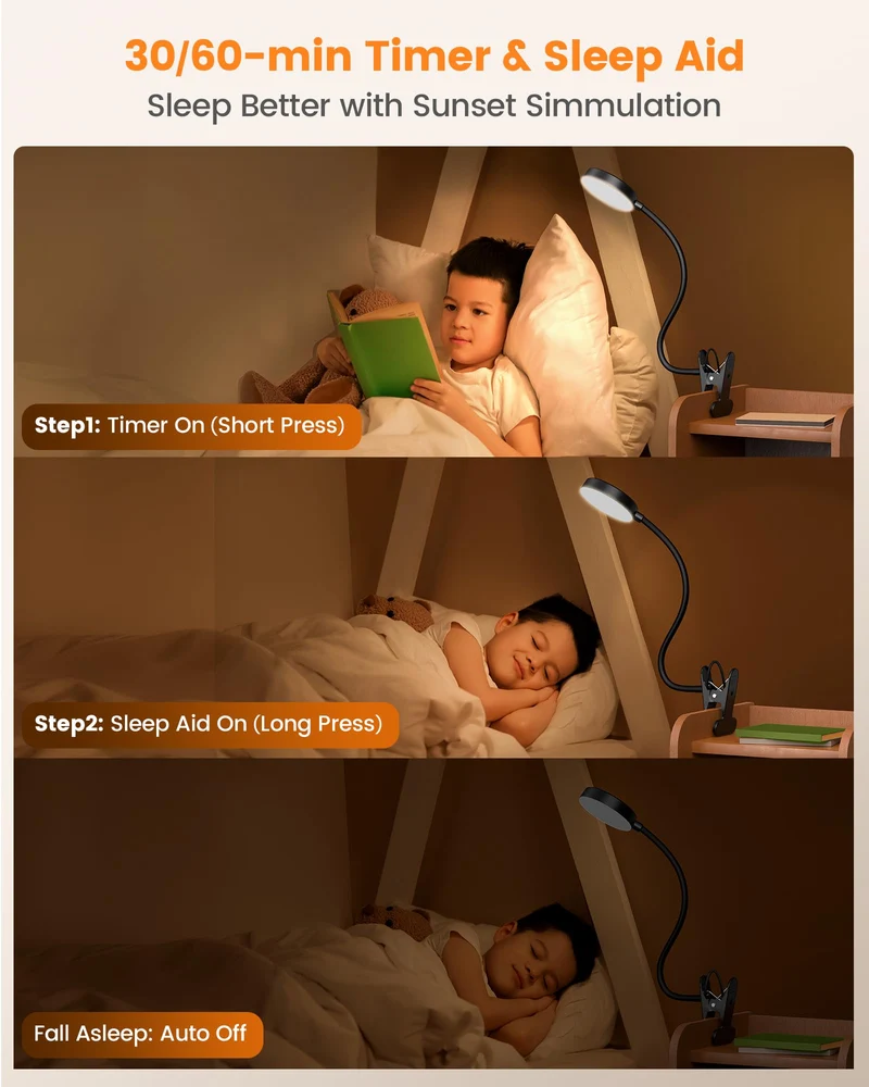 Glocusent Leselampe Bett, 72 LED Klemmlampe mit 3 Farben & 5 Helligkeiten, Flexibel Bettlampe mit Amber Nachtlicht, 30/60-Min Timer, Augenschutz, für Bett/Lesen/Arbeiten (Schwarz mit Adapter)