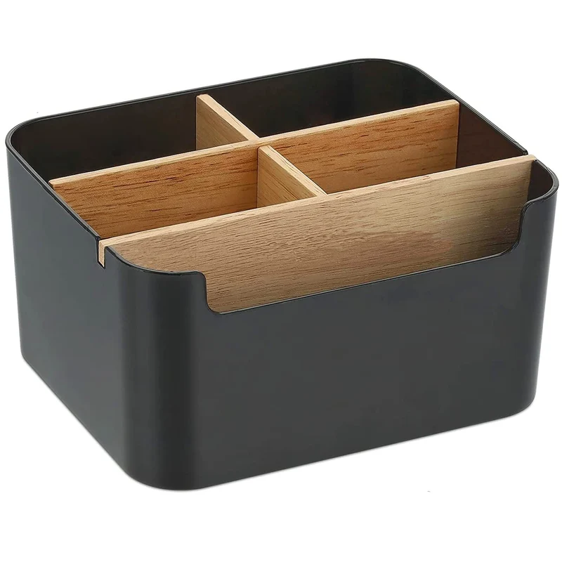 VICDUEKG Schreibtisch Organizer, 5 Fächer Bambus Büro Organizer mit Stifthalter, Aufbewahrungsbox Desk Organizer für Stifte, Kosmetika, Haftnotizen (Schwarz)