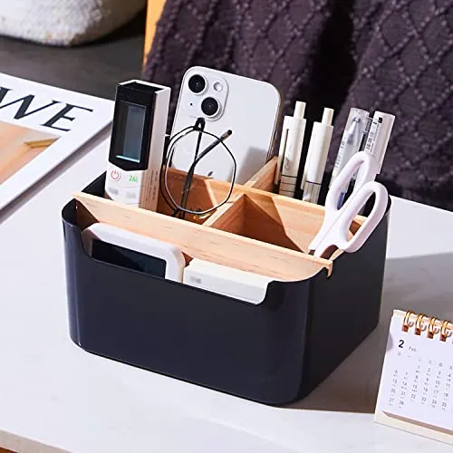 VICDUEKG Schreibtisch Organizer, 5 Fächer Bambus Büro Organizer mit Stifthalter, Aufbewahrungsbox Desk Organizer für Stifte, Kosmetika, Haftnotizen (Schwarz)
