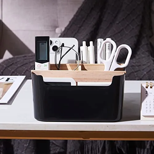 VICDUEKG Schreibtisch Organizer, 5 Fächer Bambus Büro Organizer mit Stifthalter, Aufbewahrungsbox Desk Organizer für Stifte, Kosmetika, Haftnotizen (Schwarz)