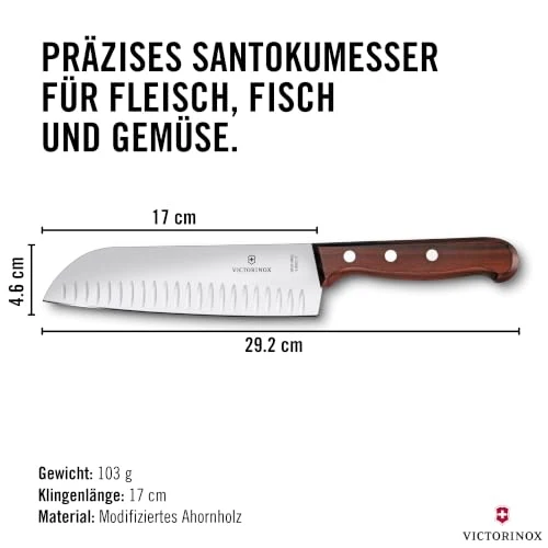 Victorinox Wood Santokumesser, Japanisches Kochmesser, 17 cm, Kullenschliff