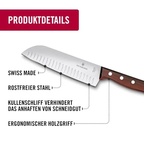 Victorinox Wood Santokumesser, Japanisches Kochmesser, 17 cm, Kullenschliff