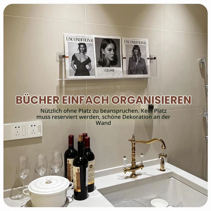 Prospekthalter Wand, Zeitschriftenhalter Wand Acryl Zeitschriftenregal Modern Zeitungsständer mit Dübel Schrauben Klebeschrauben für Bad Wohnzimmer Büro(40cm)