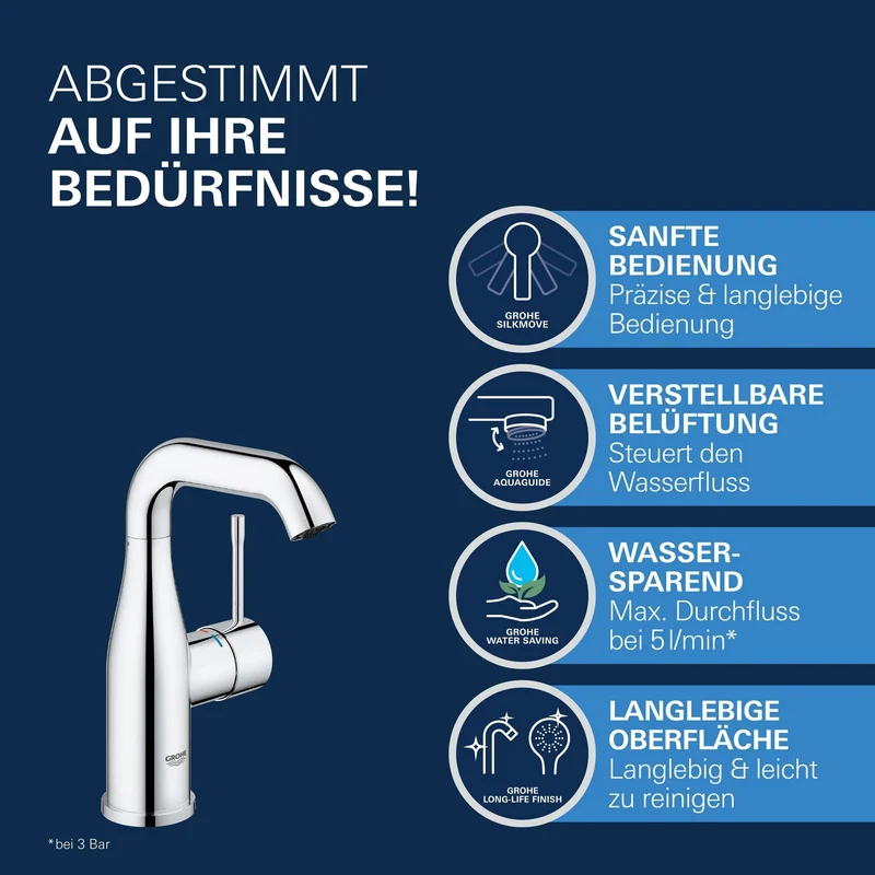 GROHE Essence, Waschtischarmatur, wassersparend (Wasserhahn für das Bad, 19cm hoch, Badarmatur mit langlebiger Oberfläche, einfache Installation am Waschbecken), chrom, 23463001
