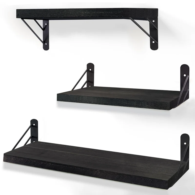 ZVZM Wandregal Holz Schwarz, 3 Stück Wandregal Küche Schweberegal, Wand Regale Holz, Regalbrett für Wohnzimmer, Schlafzimmer Oder Büro.