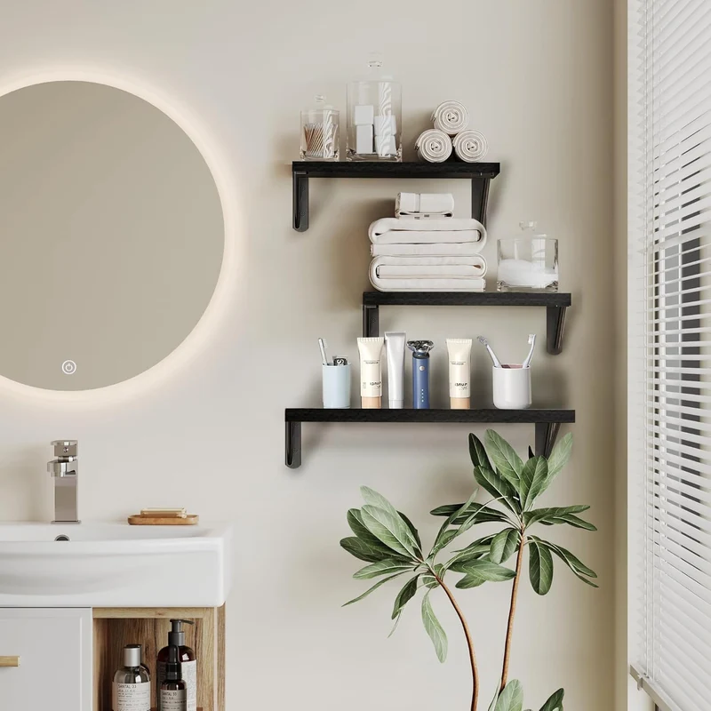 ZVZM Wandregal Holz Schwarz, 3 Stück Wandregal Küche Schweberegal, Wand Regale Holz, Regalbrett für Wohnzimmer, Schlafzimmer Oder Büro.