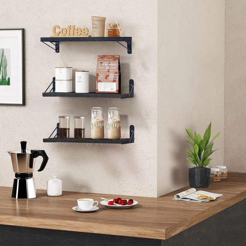 ZVZM Wandregal Holz Schwarz, 3 Stück Wandregal Küche Schweberegal, Wand Regale Holz, Regalbrett für Wohnzimmer, Schlafzimmer Oder Büro.