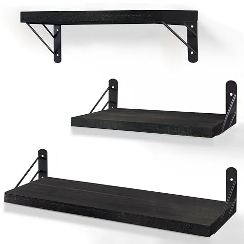 ZVZM Wandregal Holz Schwarz, 3 Stück Wandregal Küche Schweberegal, Wand Regale Holz, Regalbrett für Wohnzimmer, Schlafzimmer Oder Büro.