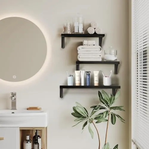 ZVZM Wandregal Holz Schwarz, 3 Stück Wandregal Küche Schweberegal, Wand Regale Holz, Regalbrett für Wohnzimmer, Schlafzimmer Oder Büro.