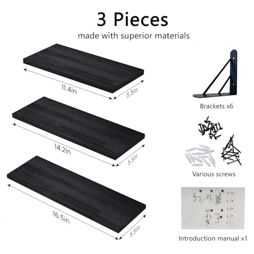 ZVZM Wandregal Holz Schwarz, 3 Stück Wandregal Küche Schweberegal, Wand Regale Holz, Regalbrett für Wohnzimmer, Schlafzimmer Oder Büro.
