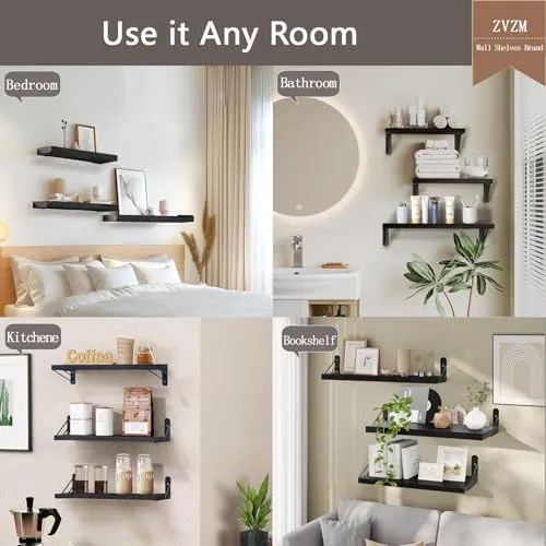 ZVZM Wandregal Holz Schwarz, 3 Stück Wandregal Küche Schweberegal, Wand Regale Holz, Regalbrett für Wohnzimmer, Schlafzimmer Oder Büro.