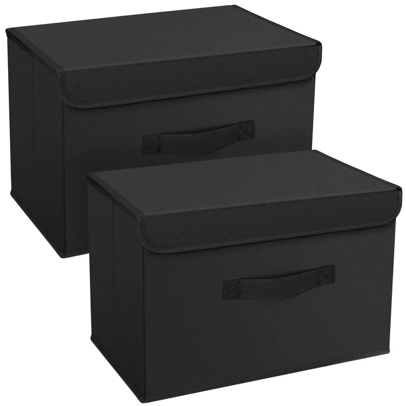 DIMJ 2 Stück Aufbewahrungsboxen mit Deckel, Faltbare Aufbewahrungskiste mit Griff, Aufbewahrungskorb Stoff, Ordnungsboxen Kleiderschrank Organizer, Faltbox für Kleidung, Schwarz