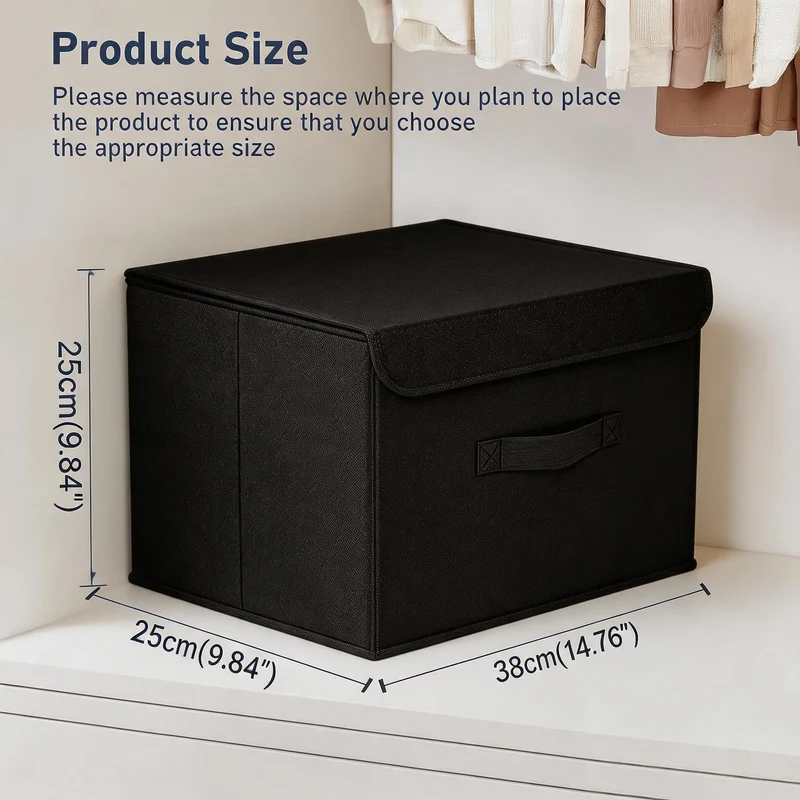 DIMJ 2 Stück Aufbewahrungsboxen mit Deckel, Faltbare Aufbewahrungskiste mit Griff, Aufbewahrungskorb Stoff, Ordnungsboxen Kleiderschrank Organizer, Faltbox für Kleidung, Schwarz