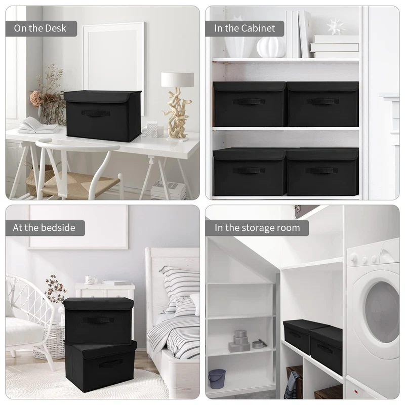 DIMJ 2 Stück Aufbewahrungsboxen mit Deckel, Faltbare Aufbewahrungskiste mit Griff, Aufbewahrungskorb Stoff, Ordnungsboxen Kleiderschrank Organizer, Faltbox für Kleidung, Schwarz