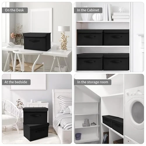 DIMJ 2 Stück Aufbewahrungsboxen mit Deckel, Faltbare Aufbewahrungskiste mit Griff, Aufbewahrungskorb Stoff, Ordnungsboxen Kleiderschrank Organizer, Faltbox für Kleidung, Schwarz