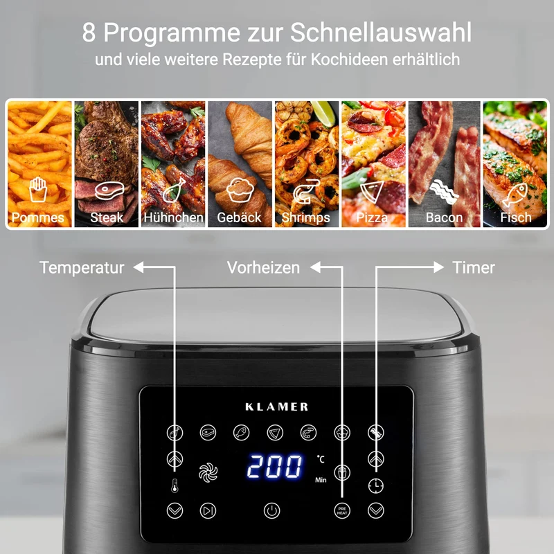 KLAMER Heißluftfritteuse 5,5 L XXL, 1700 W Airfryer, ölfreie Fritteuse