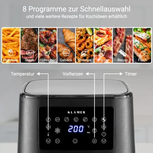 KLAMER Heißluftfritteuse 5,5 L XXL, 1700 W Airfryer, ölfreie Fritteuse