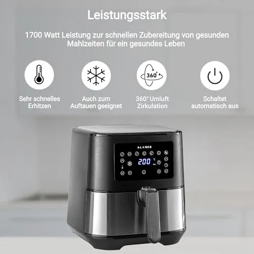 KLAMER Heißluftfritteuse 5,5 L XXL, 1700 W Airfryer, ölfreie Fritteuse