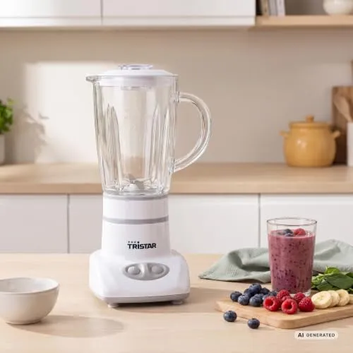 Tristar BL-4431 Mixer – Edelstahlklingen – 2 Geschwindigkeiten - 450 ml Glaskanne - Kompakt
