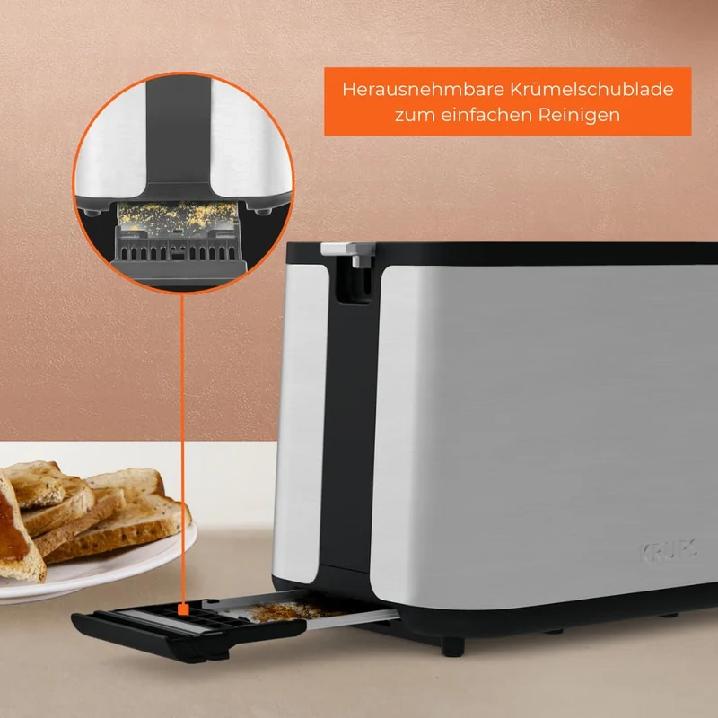 Krups KH442D Control Line Premium Toaster, Edelstahl, 2 kurze Schlitze für 2 Scheiben, Brötchenaufsatz, 6 Bräunungsgrade, 850 W, 23.6 x 32.4 x 20.2 cm, Silber/ Schwarz