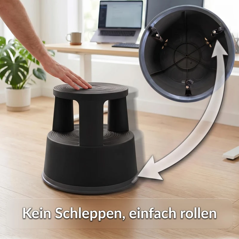 Office Marshal Rollhocker Kunststoff Elefantenfuß schwarz, Rutschfester Tritthocker mit Rollen, mobiler Rolltritt bis 150 kg, 43 cm hoch, Stabiler Hocker für Büro, Küche, Werkstatt, Lager & Haushalt