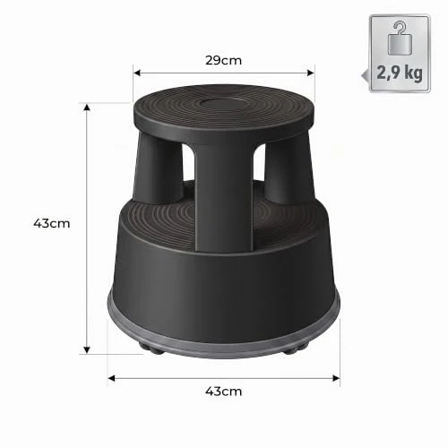 Office Marshal Rollhocker Kunststoff Elefantenfuß schwarz, Rutschfester Tritthocker mit Rollen, mobiler Rolltritt bis 150 kg, 43 cm hoch, Stabiler Hocker für Büro, Küche, Werkstatt, Lager & Haushalt