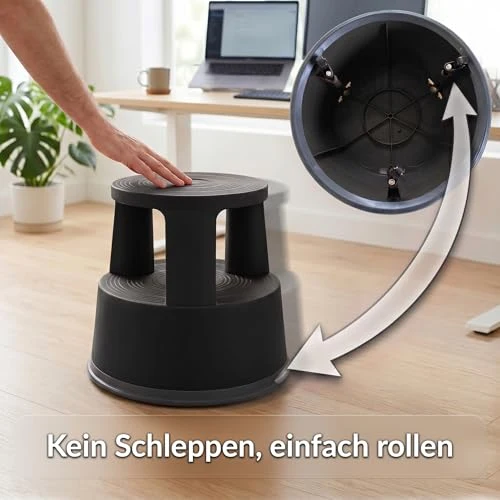 Office Marshal Rollhocker Kunststoff Elefantenfuß schwarz, Rutschfester Tritthocker mit Rollen, mobiler Rolltritt bis 150 kg, 43 cm hoch, Stabiler Hocker für Büro, Küche, Werkstatt, Lager & Haushalt