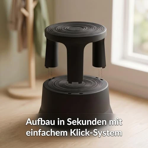 Office Marshal Rollhocker Kunststoff Elefantenfuß schwarz, Rutschfester Tritthocker mit Rollen, mobiler Rolltritt bis 150 kg, 43 cm hoch, Stabiler Hocker für Büro, Küche, Werkstatt, Lager & Haushalt