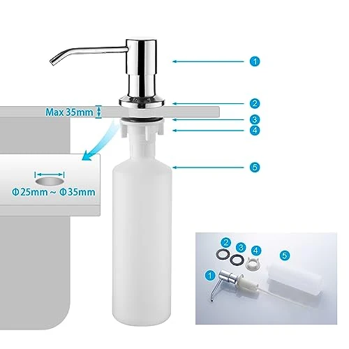 Ibergrif Seifenspender Küche Einbau – Spülmittelspender mit 500 ml Flasche, 360° drehbare Edelstahlpumpe, von Oben befüllbar, ideal für Spülbecken und Küchenspülen, Chrom