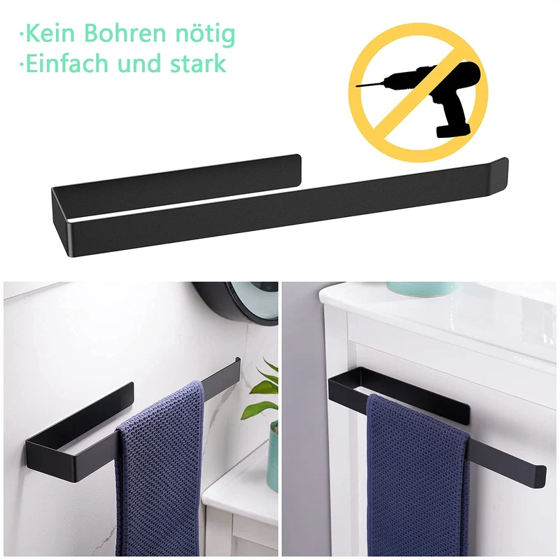 Aikzik Handtuchhalter ohne Bohren, 304 Edelstahl Handtuchstange zum Kleben für Bad & Küche, Matt Schwarz