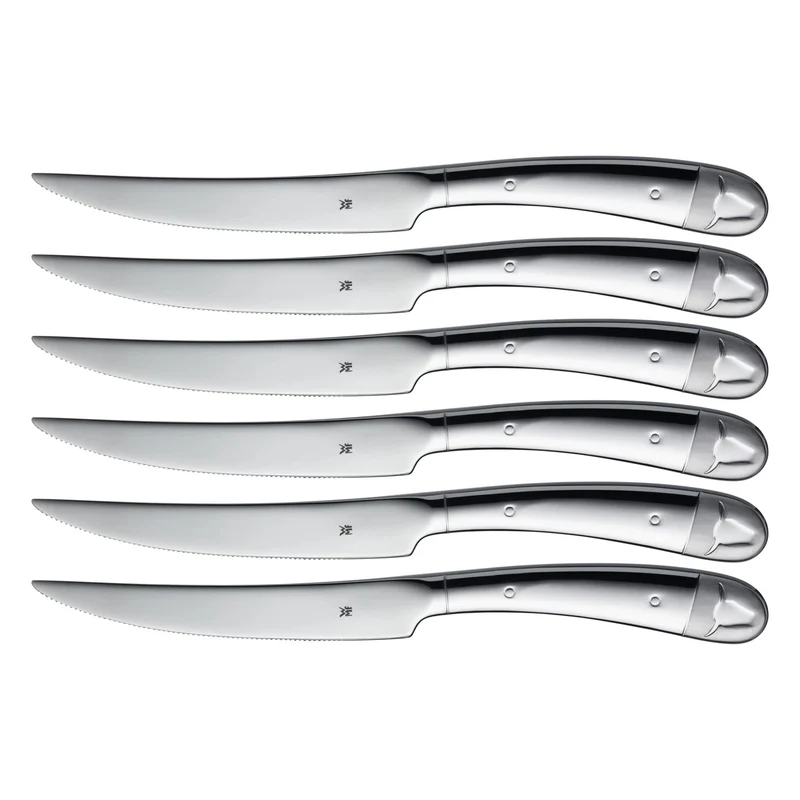 WMF Steakmesser Set 6-teilig, Pizzamesser, Cromargan Edelstahl poliert, Steak Messer, Wellenschliff, spülmaschinengeeignet, in Holzbox