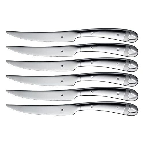 WMF Steakmesser Set 6-teilig, Pizzamesser, Cromargan Edelstahl poliert, Steak Messer, Wellenschliff, spülmaschinengeeignet, in Holzbox