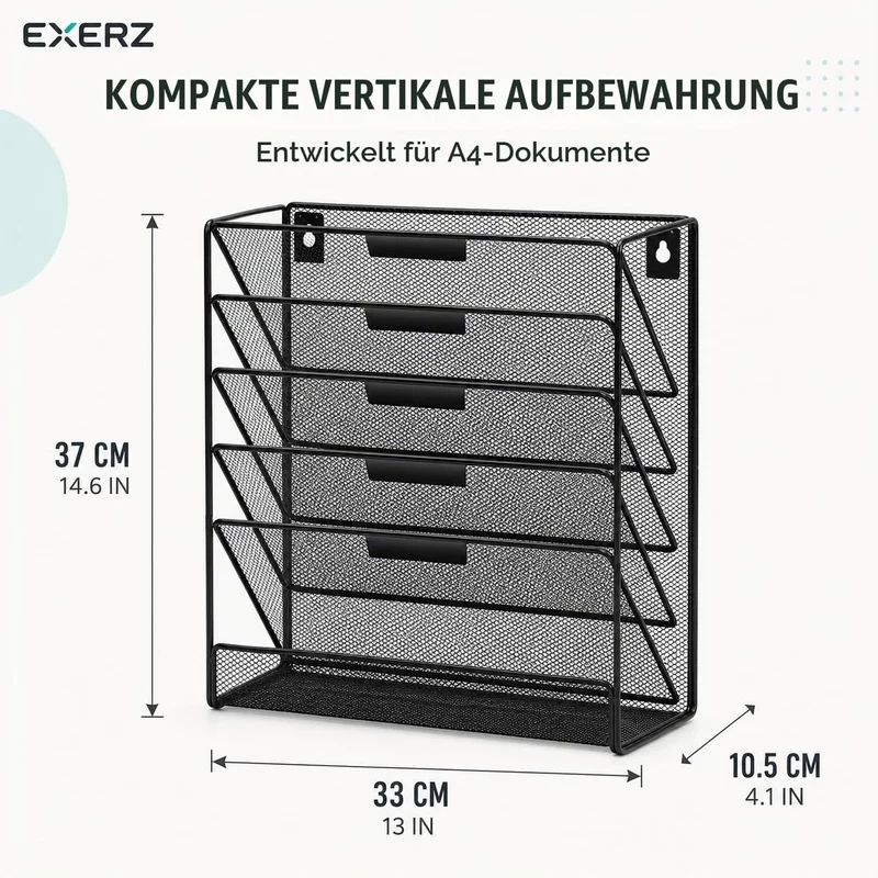 EXERZ Zeitschriften Wandhalter A4, Zeitschriftenhalter Wand, Prospekthalter, 5-lagiges Magzinregal, 5 Fächer Prospektspenderset, , Freistehend und Wandhalterung, Schwarz