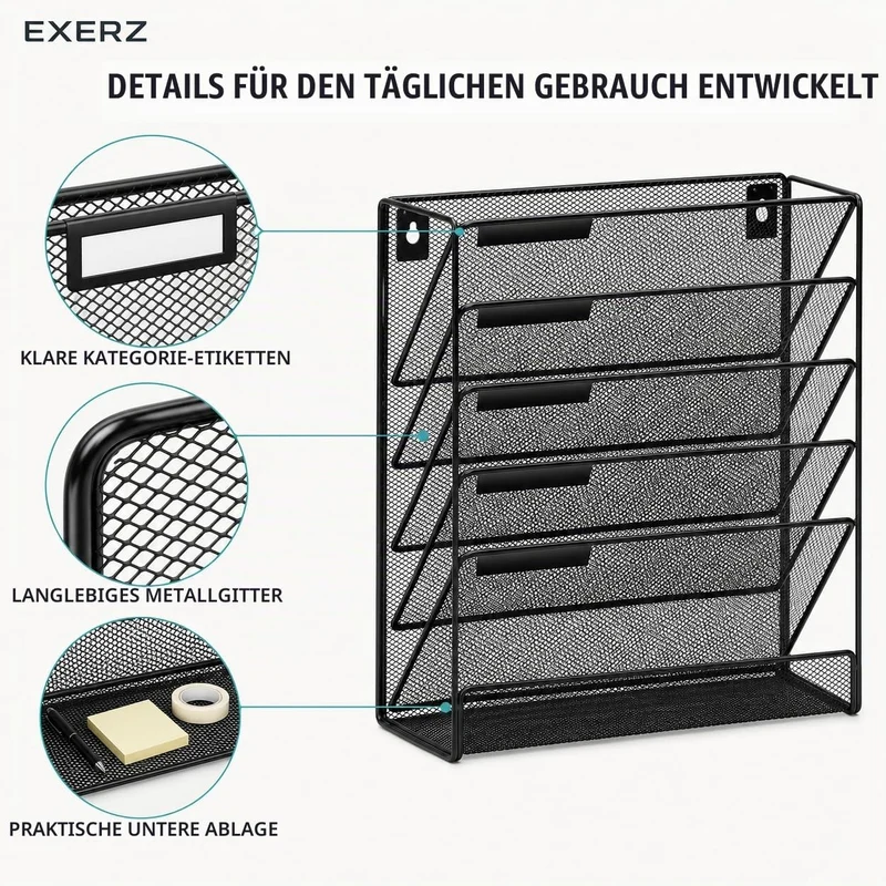 EXERZ Zeitschriften Wandhalter A4, Zeitschriftenhalter Wand, Prospekthalter, 5-lagiges Magzinregal, 5 Fächer Prospektspenderset, , Freistehend und Wandhalterung, Schwarz