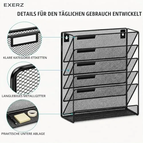 EXERZ Zeitschriften Wandhalter A4, Zeitschriftenhalter Wand, Prospekthalter, 5-lagiges Magzinregal, 5 Fächer Prospektspenderset, , Freistehend und Wandhalterung, Schwarz