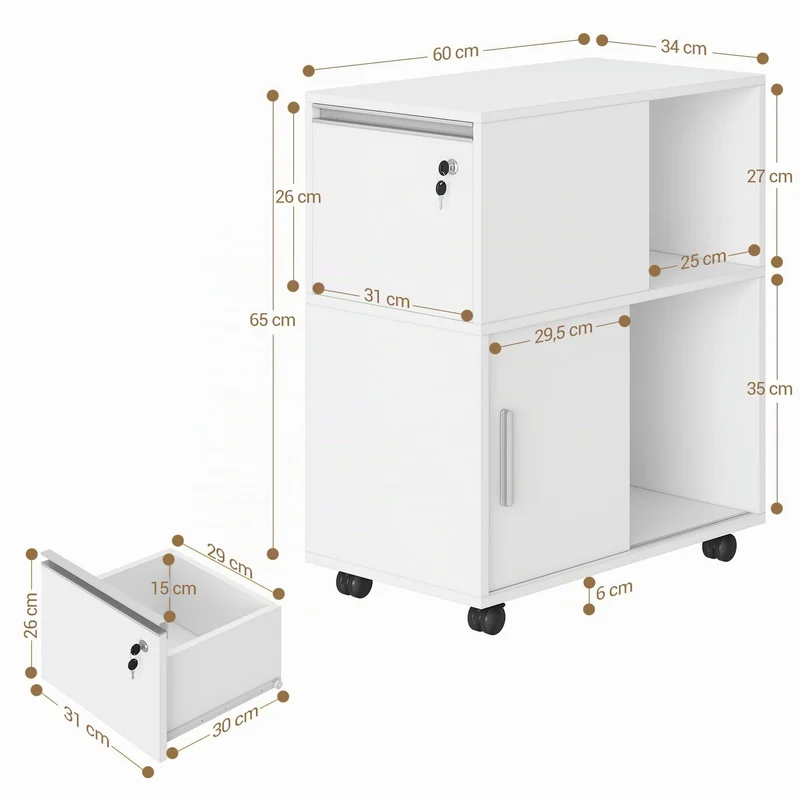 Hzuaneri Rollcontainer 34 x 60 x 70 cm Schubladen Türen weiß
