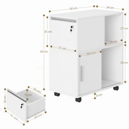 Hzuaneri Rollcontainer 34 x 60 x 70 cm Schubladen Türen weiß