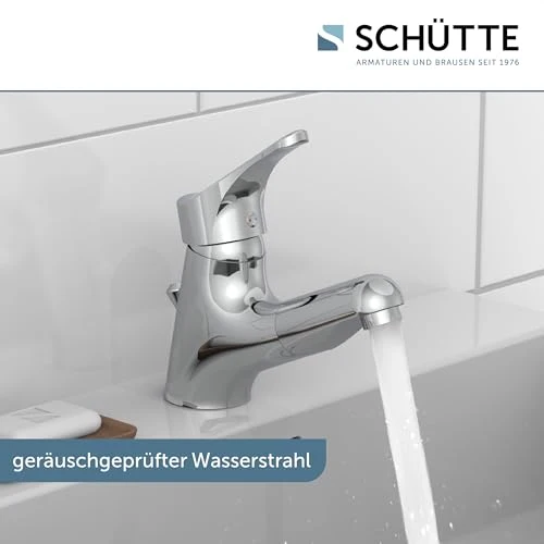 ATTICA 22150 Waschtischarmatur Bad, Wasserhahn mit Haarbrause, Badarmatur mit ausziehbarer Brause zum Haarewaschen, Einhebelmischer herausziehbar mit Ablaufgarnitur, Chrom