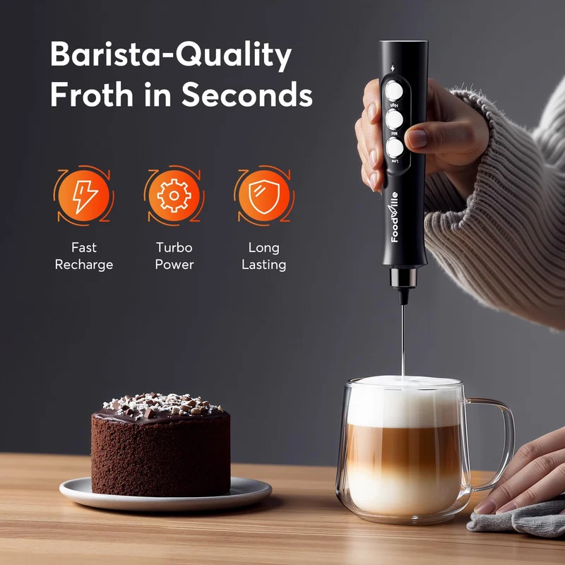 FoodVille MF02 2 in 1 Wiederaufladbarer Milchaufschäumer Stab USB Elektrische für Latte, Macchiato, Cappuccino, Kugelsicherer, Proteinpulver, Keto-Diät, Matcha