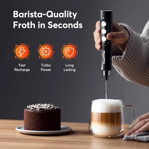 FoodVille MF02 2 in 1 Wiederaufladbarer Milchaufschäumer Stab USB Elektrische für Latte, Macchiato, Cappuccino, Kugelsicherer, Proteinpulver, Keto-Diät, Matcha