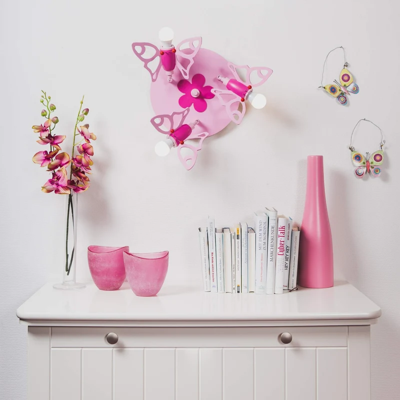 Elobra Deckenlampe Kinderzimmer 'Schmetterling' | hochwertige Kinderzimmerlampe für Mädchen aus Echtholz, rosa Prinzessin Lampe mit Blumenmuster, 30 x 30 x 20cm, Rosa Pink