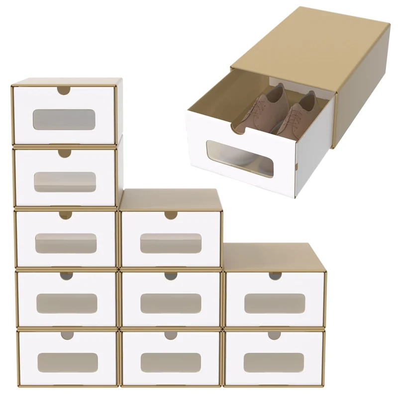 ACXIN Schuhboxen Stapelbar Boxen-Set,Aufbewahrungsbox Schubladen mit Transparentes Sichtfenster,Pappkarton aus Kraftpapier,34.5 x 23.5 x 13.5 cm,10 Stück, Braun